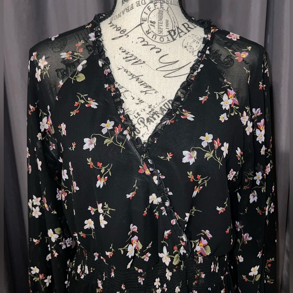Madewell Black Floral Smocked Waist  Midi Dress/Size Large - Picture 3 of 10